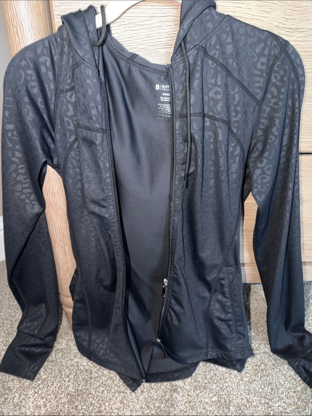 BuffBunny Black Zip-Up Hooded Active Jacket with Subtle Leopard Print
